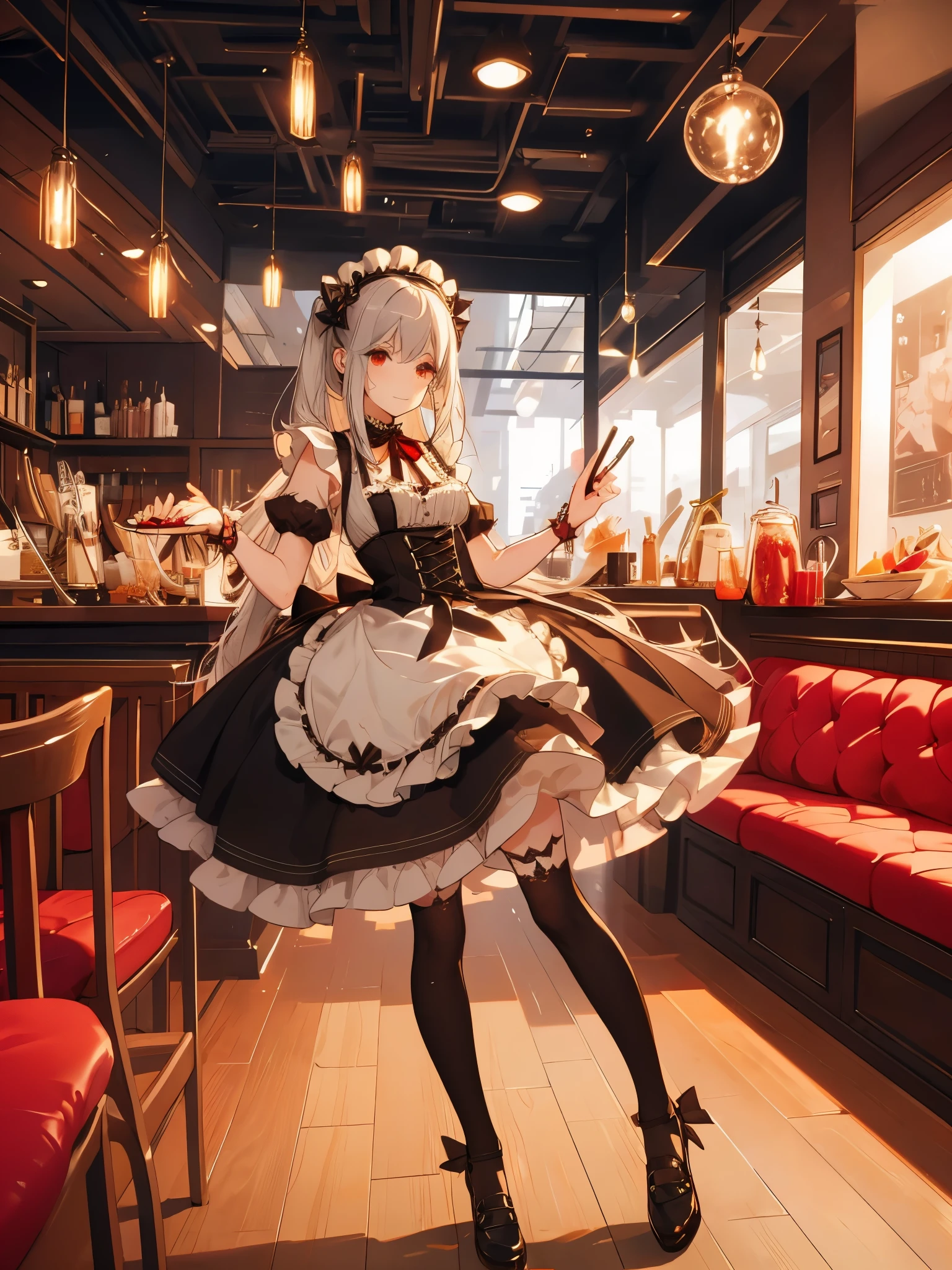 foto promocional, the place is a coffee shop, 1 garota, cara de 16 anos, waitress carrying cake to the table, red twin tails, rosto gentil, gothic lolita half costume and maid costume with image of strawberries, roupas baseadas em branco,