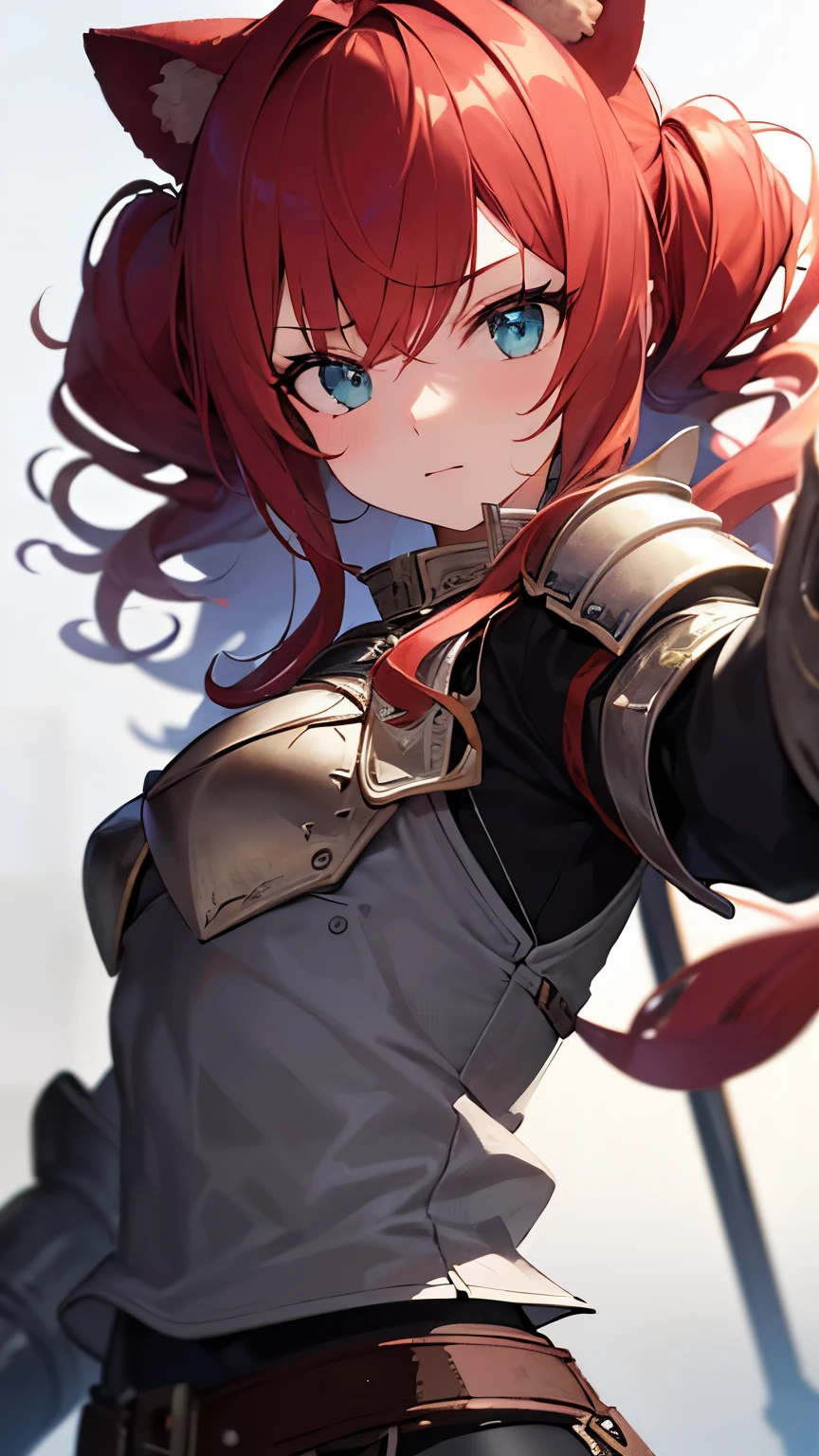 red hair, twin drills, crown, aqua eyes, raccoon ears, chiaroscuro, motion lines, negative space, multiple views, foreshortening, Fujifilm, UHD, masterpiece, textured skin, high details, Female knight, beautiful mature woman, 40 years old, wearing armor with intricate patterns, steel armor, wet eyes, detailed face, delicate fingertips, clutching a great sword, prince nobility, solo