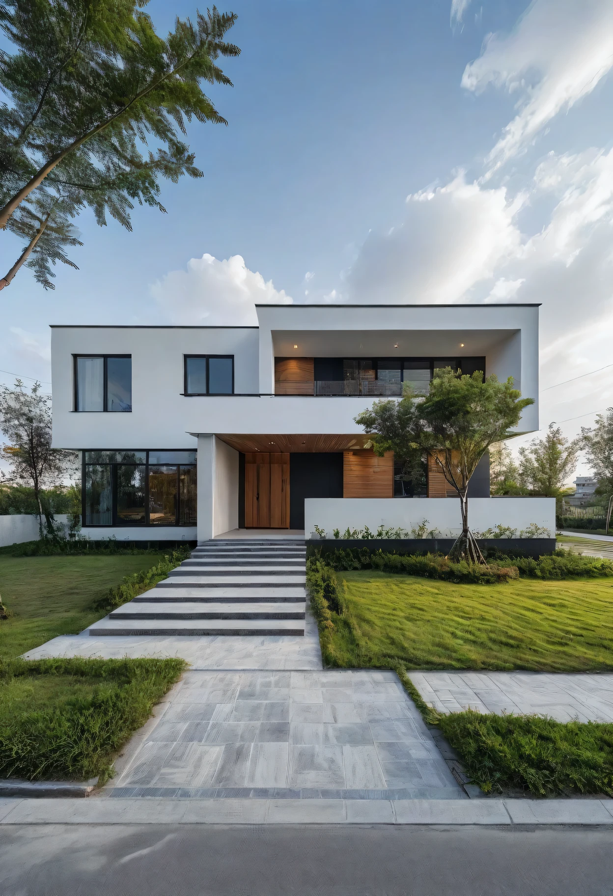 Raw photo,Masterpiece, high quality, best quality, authentic, super detail,
outdoors, onestoreyvillaXL, aiaigroup, house style modern on the street ,stairs, white wall
road,pavement, grass, trees, sky, cloud, (daylight:1.1)