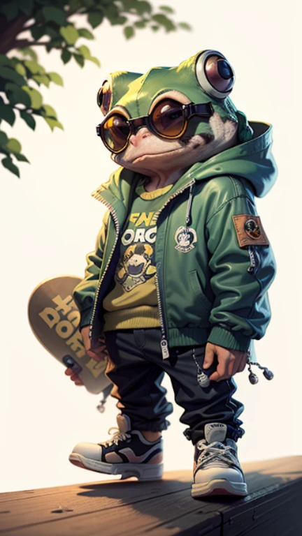 C4tt4stic, Cartoon tree frog with jacket and skateboard, sunglasses,