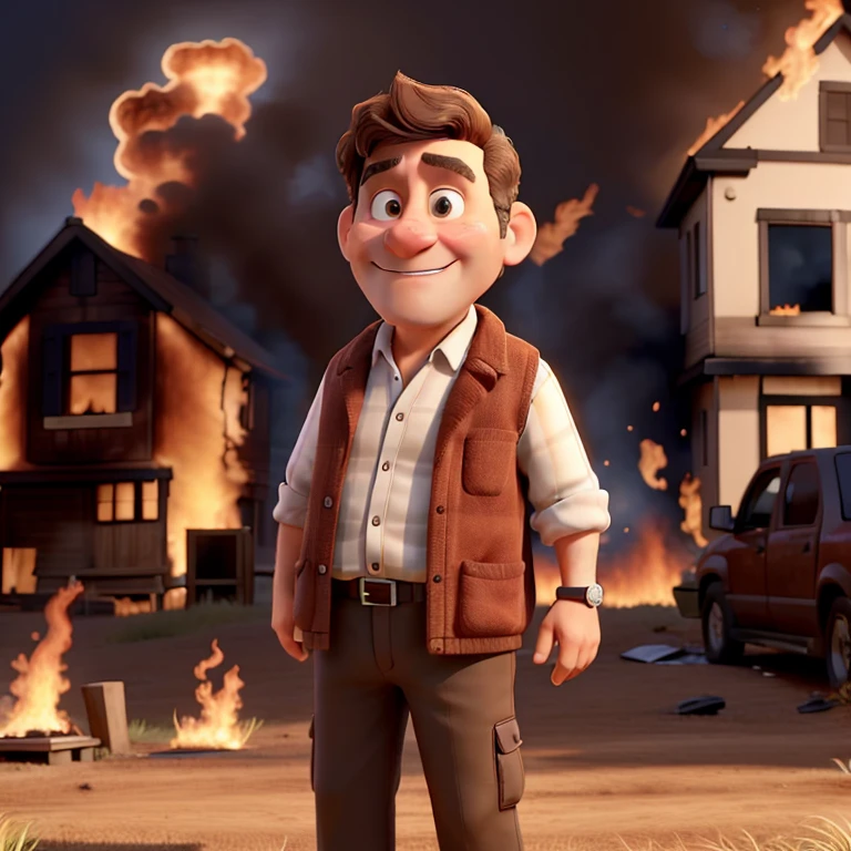 Middle-aged man,Brown hair,an individual,Behind a burning house