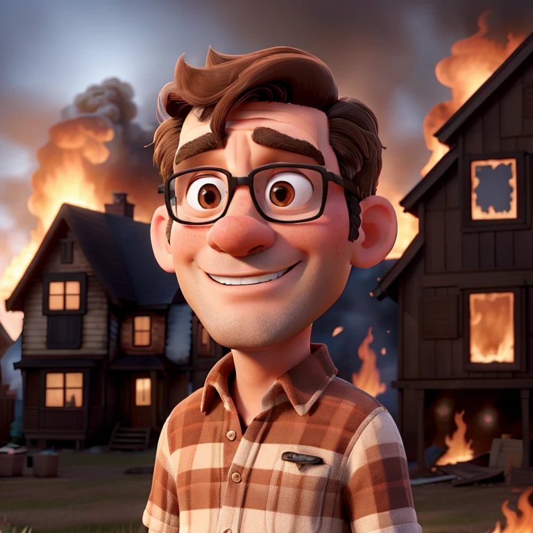 Middle-aged man,Brown hair,an individual,Behind a burning house
