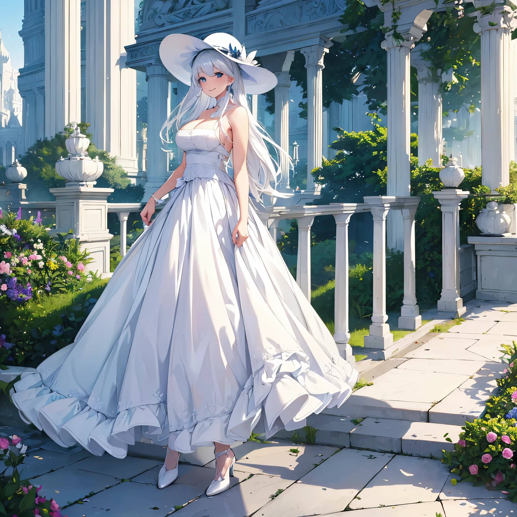 (best quality,4k,highres),realistic,portrait,woman,garden,luxurious,white dress,white hair,white madam's hat,long hat,benches,pillars,big breasts,blue eyes,smiling