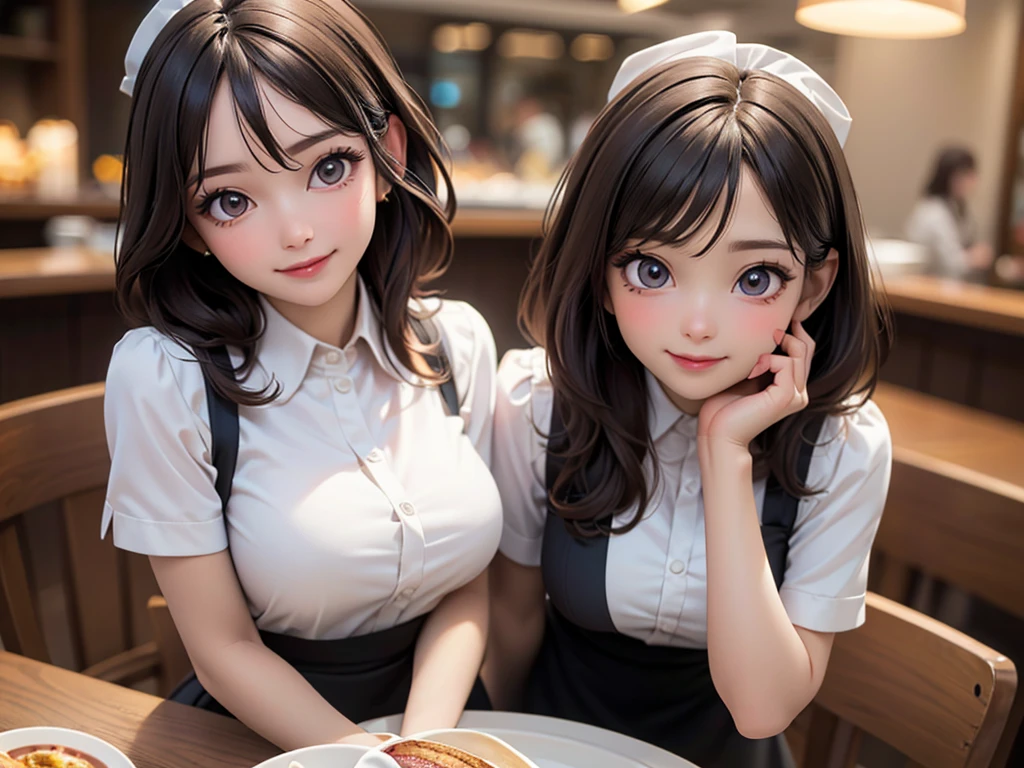 ((best quality:1.2, 8K, sharp focus, Photorealistic:1.2, masterpiece: 1.4, backlight, The ultimate girl, Highly detailed facial textures, Highly detailed facial textures, Detailed beauty makeup: 1.2, Realistic skin, delicate eyes, Detailed bangs)), ((waitress clothes)),(cafe background), head tilt, huge breasts:1.2, light brown hair, Smiling from ear to ear, from above