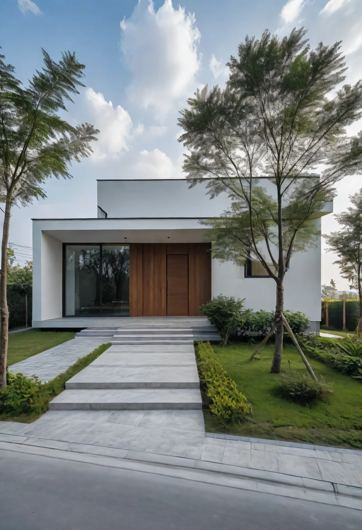 Raw photo,Masterpiece, high quality, best quality, authentic, super detail,
outdoors, onestoreyvillaXL, aiaigroup, house style modern on the street ,stairs, white wall
road,pavement, grass, trees, sky, cloud, (daylight:1.1)