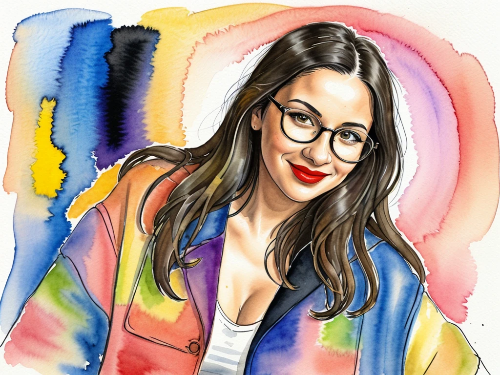 Scene partial front view; details in 8k; precision in details; Artistic abstract drawing textured background of a brunette woman with long, wavy hair wearing square glasses, woman smiling with red lipstick, face more toned and rounded and with slight dimples near the mouth, wearing a black coat with a yellow t-shirt underneath looking to the right, lilac white colors in the environment, illustration, watercolor illustration, professional illustrator, best watercolor paintings, ink and watercolor, alcohol ink, vibrant colors, perspective view, centered, perspective lines, Pablo Picasso style drawing.