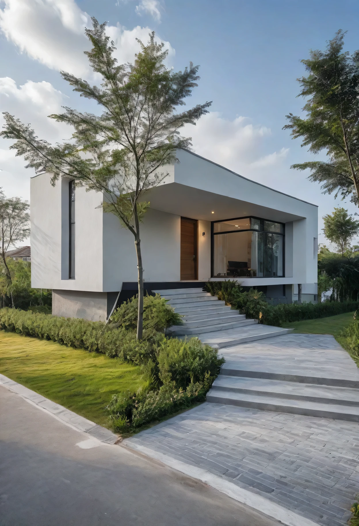 Raw photo,Masterpiece, high quality, best quality, authentic, super detail,
outdoors, onestoreyvillaXL, aiaigroup, house style modern on the street ,stairs, white wall
road,pavement, grass, trees, sky, cloud, (daylight:1.1)