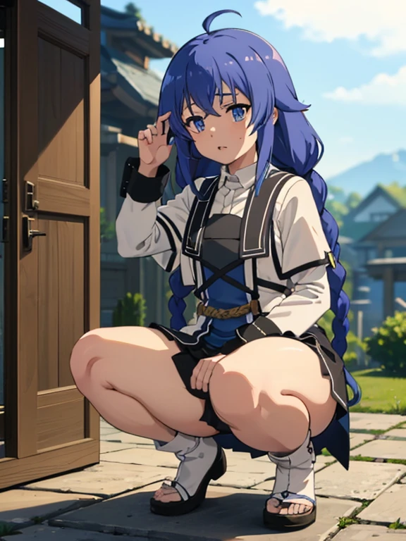 Roxy_Migurdia(mushoku tensei)、1 girl、{5 heads and bodies:1.5}、Very young schoolchildren、masterpiece、highest quality、blue eyes、Crimson blue hair、Double big braids、{The skirt is flipped up to reveal white panties.}、{kind}、{Calm}、Viewers are watching、{Low - Angle}、{NSFW}、((squat:1.5))、((From her front:1.8))、{10 years old}