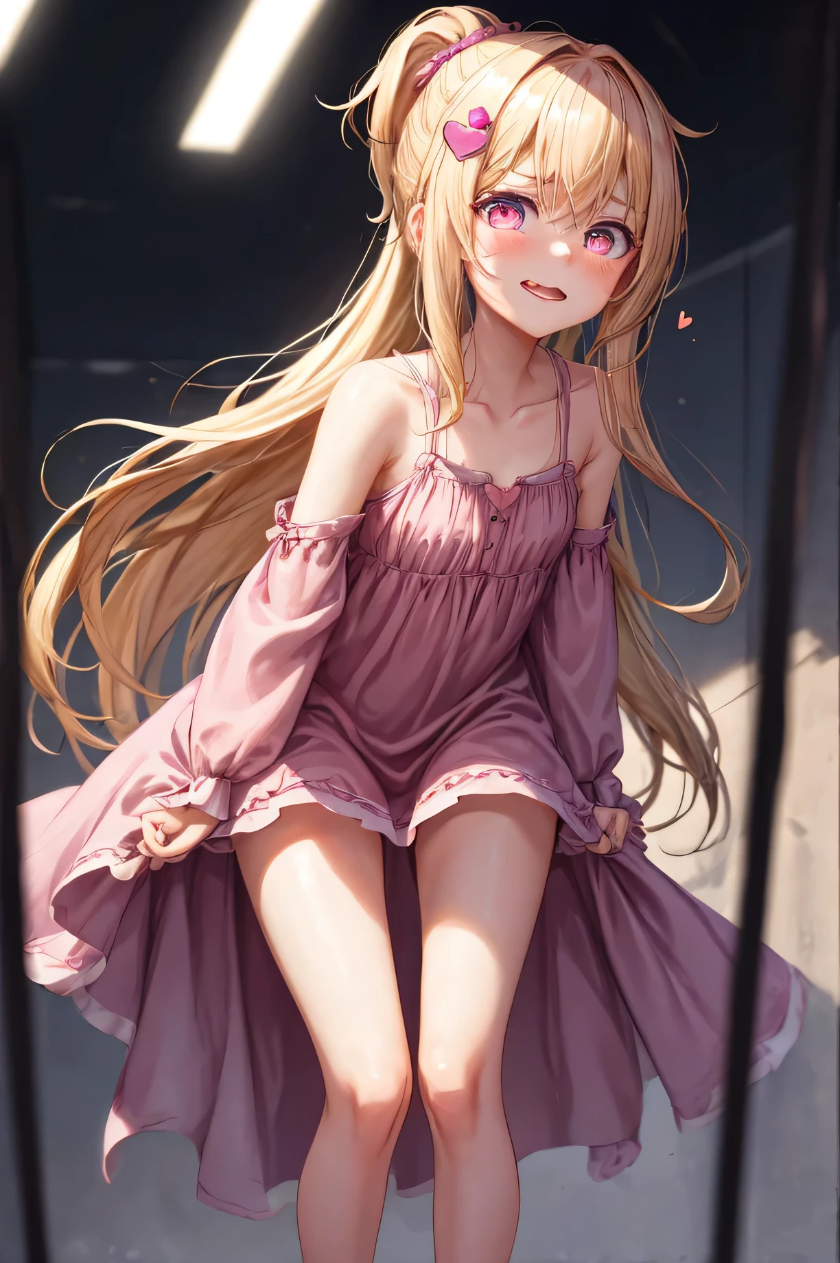 {{{{{troubled eyebrows}}}}}, {{{half closed eyes}}}, {{{{tsurime}}}, {{{Funny as teasing}}}, {{leaning forward}}, {{{{contempt}}}}, {{{laughter}}}, Presumptuous, {{surreal}}, {{{{{realistic}}}}}, {{{lively}}}, wonderful, {{{detailed and beautiful eyes}}}, very detailedCG Unity 8K wallpaper, very detailed, {{{{{{Full detailed legs}}}}}}, fine arms, fine fingers, {{{shiny skin}}}, {{{smooth and glowing skin}}}, {{smooth skin}}, open your mouth, small face, {{firm oval eyes}}, big mouth, {{1 girl}}, {{alone}}, , , low length, 11 years old, pink eyes, Stupid expression, Right Eyes, long hair, ponytail, {{{wavy}}} hair, {{{blonde hair}}}, blush, silky hair, bare shoulders, ISO 409600 certified, Lens 135mm f1.8, Gradation, [[[cg]]], {{{particles of light}}}, parted front hair, heart-shaped pupil, small space, looking at the viewer, spoken heart, Pudby pink dress, heart hair ornament, [[[3D]]], legs stick out from frame, [[masterpiece]], highest quality, paizuri