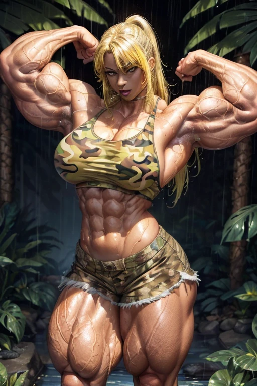 (((((Massive tall, beautiful, buff, wet, light brown skinned, muscular woman with wet yellow hair, black lipstick, ginormous bulky muscles and wearing a yellow camouflage tank top with yellow camouflage safari shorts))))), (close view), (black eyeliner), massive muscle, massive biceps, hyper muscle triceps, (flowing long hair), gray eyes, black high heels boots, (in a dark heavy rainy jungle), nighttime, showing a sexy smile, (hyper muscles arms), hyper muscle legs, (massive arms)