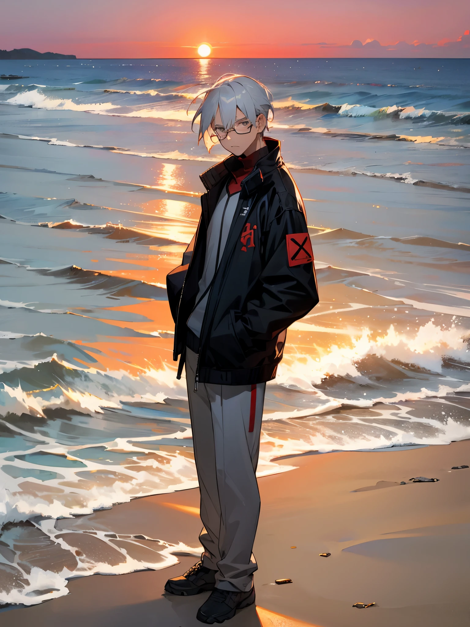 1male, old male, white hair, Crimson grey Eyes, glasses, serious expression, beach background, arms in pockets, black jacket,sunset