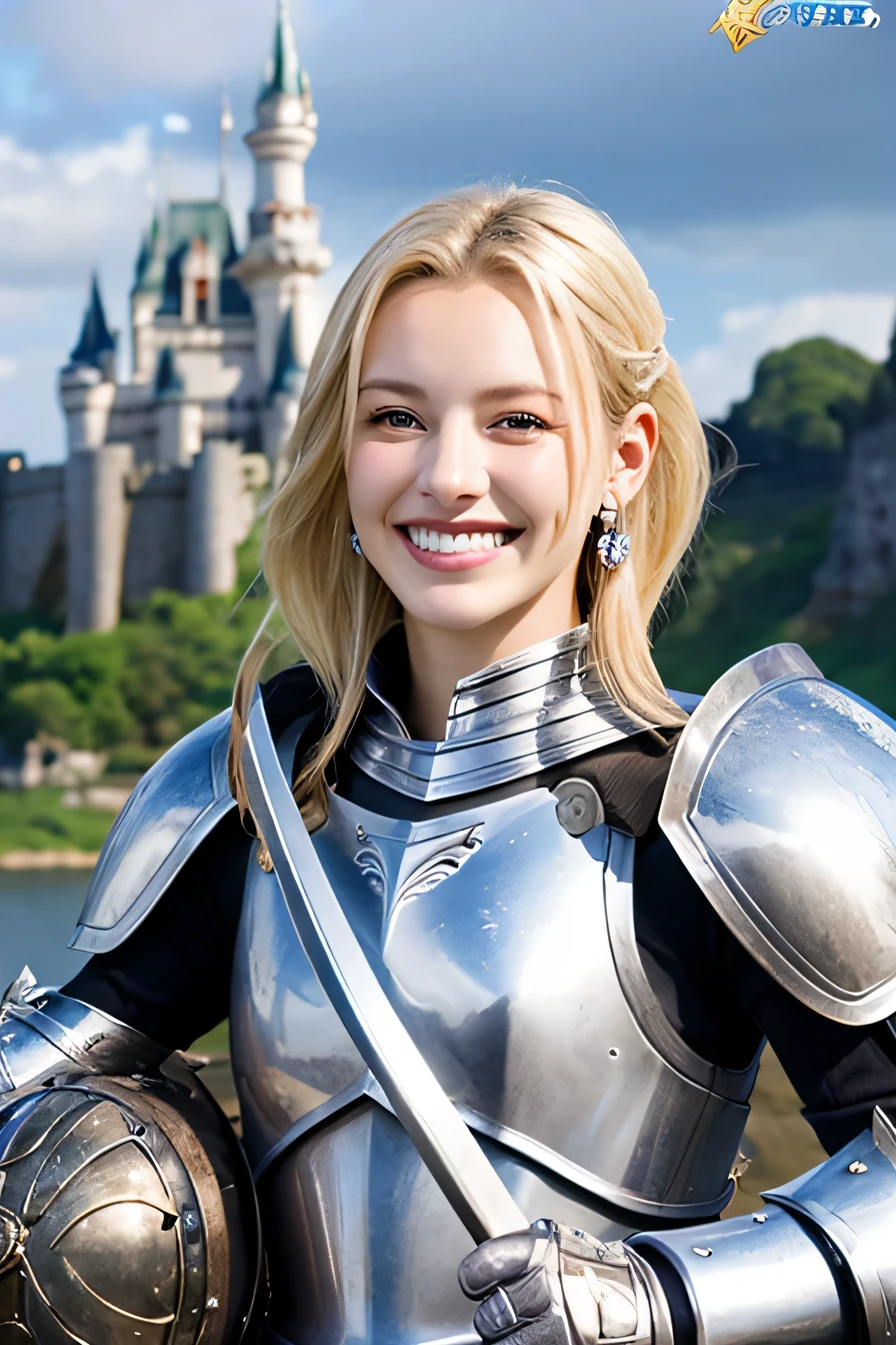 highest quality、female knight、The background is a castle、Luxurious Silver Armor、heavy equipment、smile、beautiful teeth、full body photo、ear piercing、white woman、blonde、blue eyes、Gummy Smile、Dragon Helm