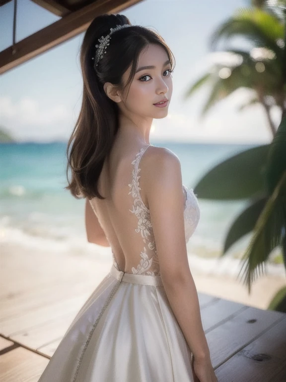 (realistic, photo-realistic:1.37), (masterpiece, best quality:1.2), (ultra high res:1.2), (RAW photo:1.2), (sharp focus:1.3), (face focus:1.2), (Extremely detailed CG unity 8k wallpaper:1.2), (beautiful skin: 1.2), (pale skin:1.3), (hyper-sharp focus: 1.5), (ultra-sharp focu:1.5), (beautiful clean face:1.3), (ultra-detailed background, detailed background:1.3), bokeh, depth of field, BREAK, Photo of extremely cute and beautiful Japanese woman, (bride), professionattire, (22yo:1.1), light smiling girl portrait, full body image, When viewed from the front, the composition is symmetrical, (studio lighting:1.3), (cinematic light:1.3), (back light:1.3), (face light:1.3), lighting full-covered her whole body, looking straight at you, standing, sexy model pose, BREAK, (chestnut half-up hair:1.2), dark brown eyes, beautiful eyes, princess eyes, mahogany hair, single hair, bangs, slender, abs, (huge breast;1.35), (narrow waist:1.15), (detailed beautiful girl:1.4), (pure-white luxury satin wedding dress:1.3), (Bali island ocean view background:1.2), (light smile:1.1), ((perfect female body)), (upper body image:1.3), frame the head, perfect dramatic, volumetric lighting, professional majestic oil painting, shiny skin, ct anatomy, perfect proportion, 8.5 life size, face focus, ultrarealistic photo, hyper-sharp image, hyper detailed image, Bali island, ocean view, beach, outdoor, walking beach,