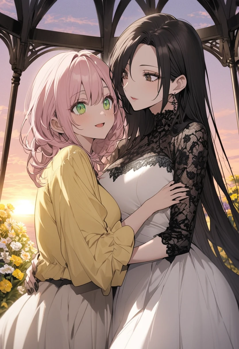 A tall anime mature gothic woman with dark brown eyes, she has long black and dark hair, She is wearing a black dress with lace and gray details, She is hugging a beautiful girl with light pink hair, with green eyes, she wears a pastel yellow shirt and a big bright white skirt, They are in a beautiful gazebo with flowers around and at sunset