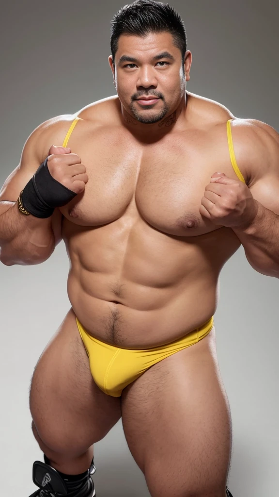 black hair, middle-aged man, individual, male, Muscular wrestler, muscular, Stout wrestler, Asian, Japanese, uncle, 55 year old middle-aged man, short hair, short hair, yellow wrestling boots, full body portrait, shadow, Vision, yellow briefs, obesity, 45 years old, short beard, middle-aged man, tattoo, fingerless gloves, Wheat skin, shiny skin, dark skin, Show your pectoral muscles, sumo wrestler, bodybuilder, wide temples, Visible abdominal muscles, Smile, Fine hands, solid color background, pure white background, Surrealism, Panorama, 8k, super detail，