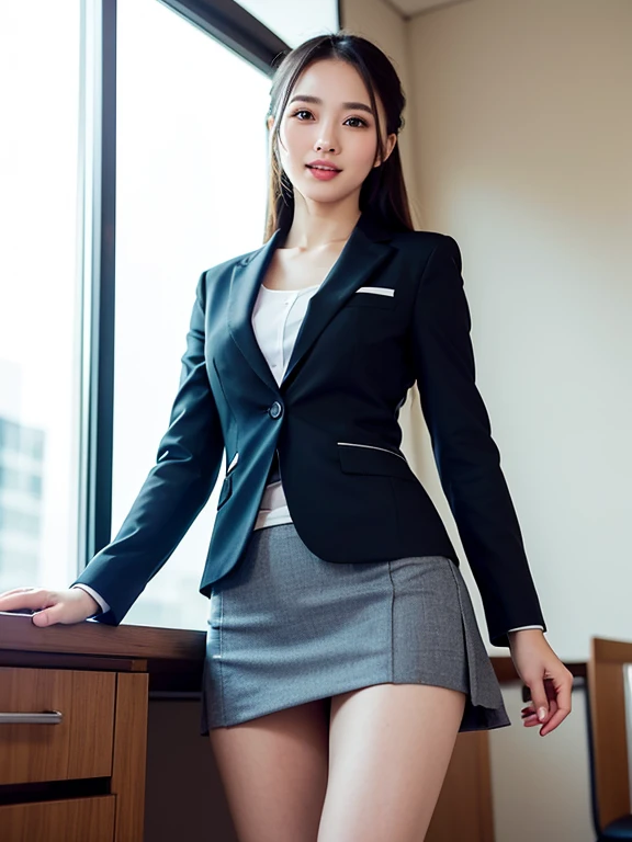 (highest quality、table top、8k、best image quality、Award-winning work)、1 female teacher、(30year old mature woman:1.1)、(wrinkled face:1.1)、no makeup、smile、mouth closed、(Business Suit, Mini skirt:1.3), (view from below:1.45)、(short tight skirt:1.1)、(romantic and vivid sunset:1.1)、epic movie lighting、smile kindly at me、big chest、emphasize body line、beautiful elegant hairstyle、The most natural and perfect high school classroom background、The most natural and perfect regular desk and chair arrangement、perfect anatomy、perfect beautiful composition、Ultra high definition beauty face、ultra high definition hair、Super high-definition sparkling eyes、(Ultra-high resolution glossy skin:1.1)、Super high resolution glossy lips、Highly detailed, raw photos, Professional Photography, (Business Suit, Mini skirt:1.3), (view from below:1.45)、Stand with your legs slightly spread apart、beautiful clavicle、sexy pose