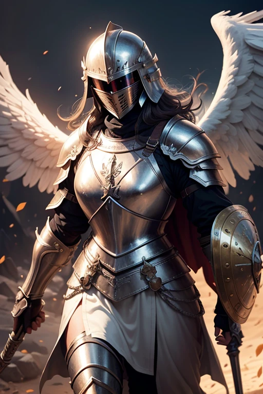 Angel warrior with divine aura wearing a medieval knight armor, a helmet and holding a heavy shield, face hidden behind a mask, battlefield and dark sun scenario