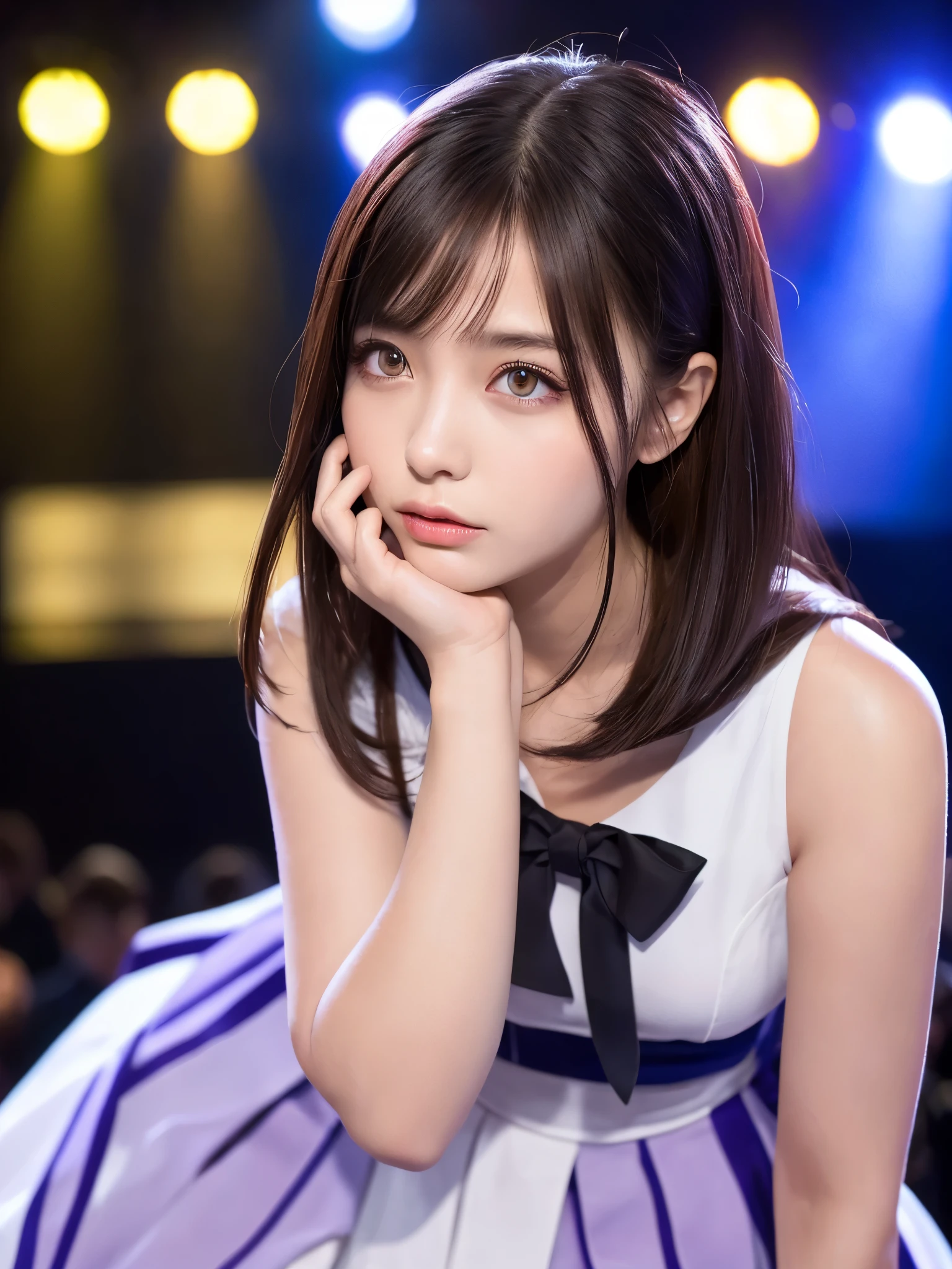 White base with purple-red sailor suit、tulle skirt、23 years old, perform on stage, concert photos, cute core、(((watching the audience)))、ribbon on head、(自然でdetailed face立ち、beautiful and detailed eyes、beautiful and dense lips、very detailed eyes、detailed face、long eyelashes)(8K resolution)、High resolution、masterpiece:1.2 )、Super detailed、(real、photorealistic、photorealistic: 1.37)、bob hair、belle delphine、dress、8K、fantastic lighting、bright colors、standing position