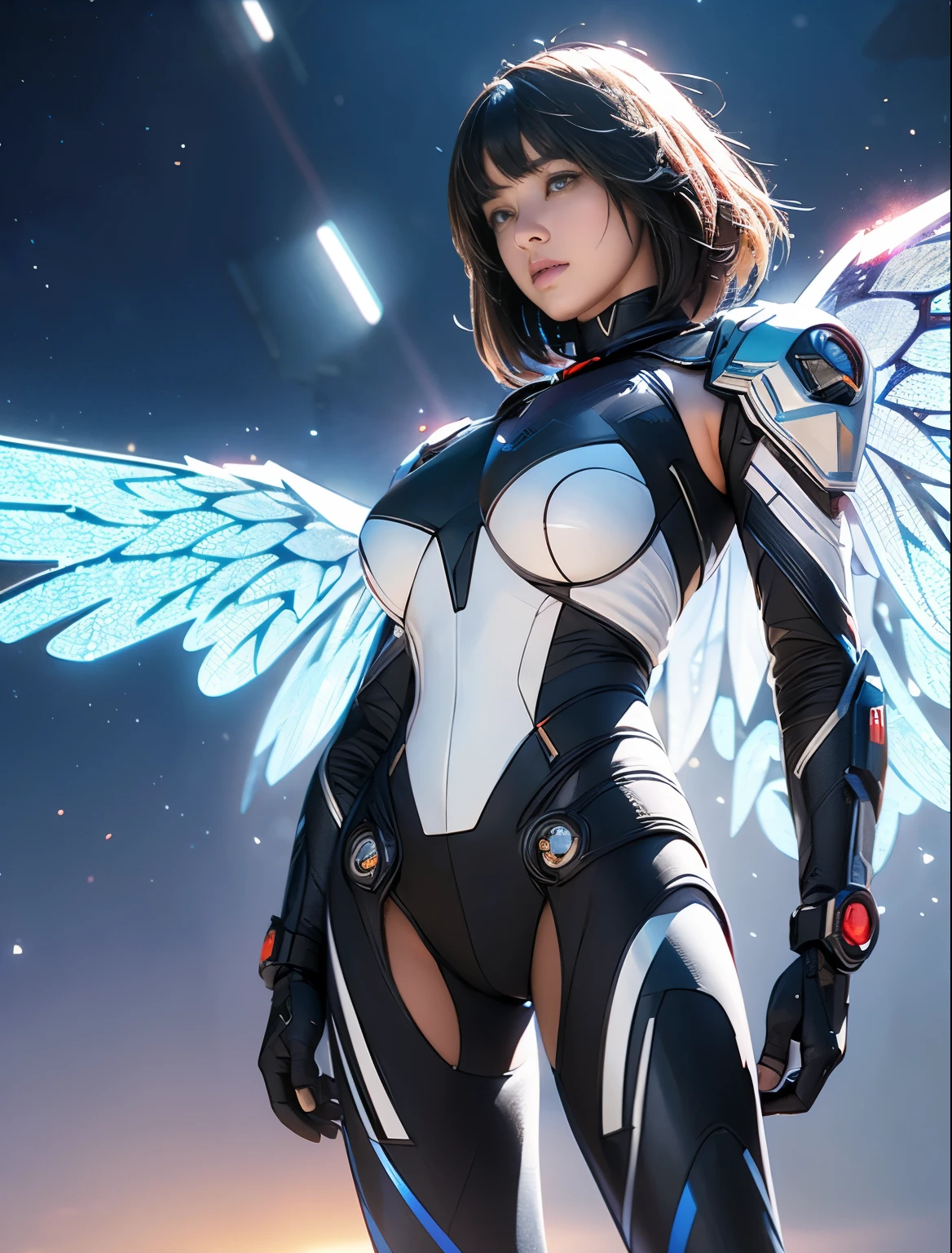 simple background, orange background,
mature woman aged between 40 to 50 years old,
short hair ,
black hair,
dark skin,
<lora:anime_style_lora_xl:0.8>, anime style, lineart, outline, glowing effects,
advanced mechanical bird, high-tech alloy feathers, intelligent AI core, laser-beam eyes, jet propulsion wings, intricate gear systems, futuristic design, metallic sheen, neon accents