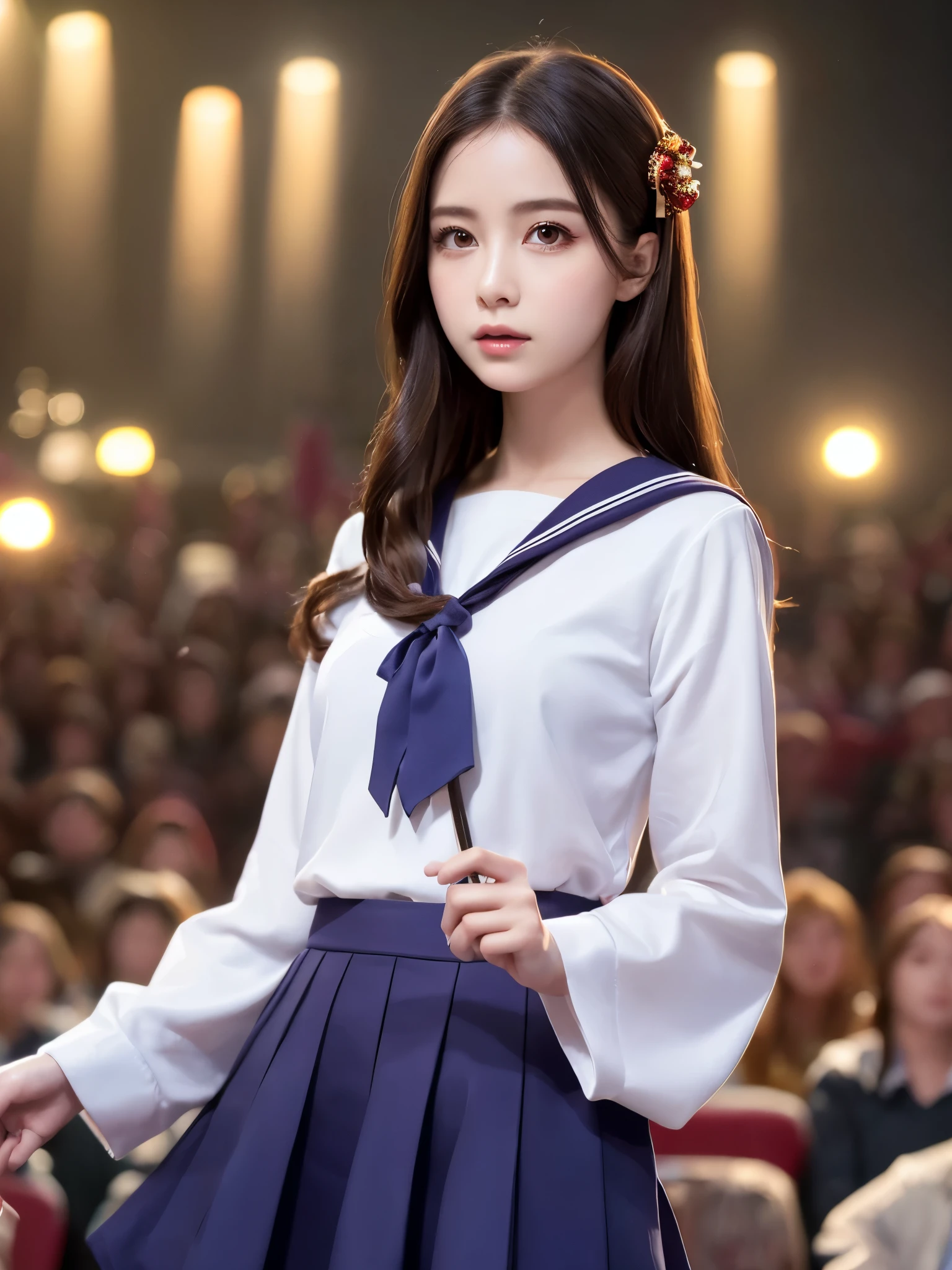 White base with purple-red sailor suit、tulle skirt、23 years old, perform on stage, concert photos, cute core、(((watching the audience)))、ribbon on head、(自然でdetailed face立ち、beautiful and detailed eyes、beautiful and dense lips、very detailed eyes、detailed face、long eyelashes)(8K resolution)、High resolution、masterpiece:1.2 )、Super detailed、(real、photorealistic、photorealistic: 1.37)、bob hair、belle delphine、dress、8K、fantastic lighting、bright colors、standing position