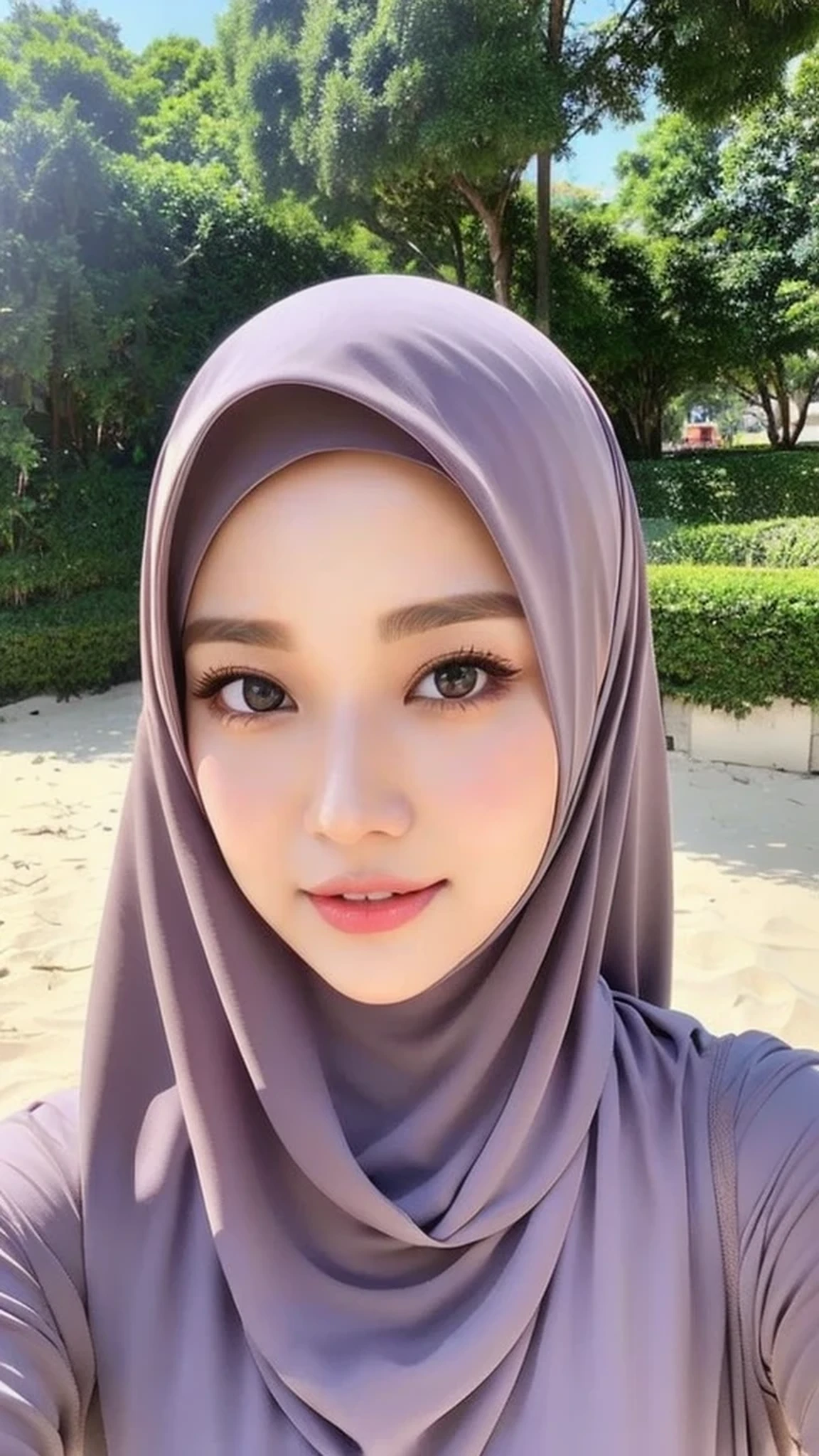 Realistic, ultra sharp, Beautuful Women、hijab, indonesian, beach、selfee、The face is cute、Vanrak Ayyans appears、1 girl, stylish