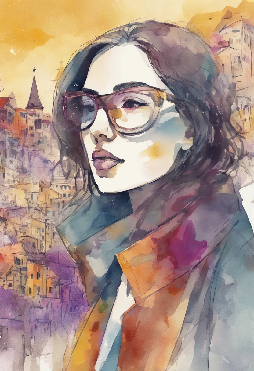 Scene partial front view; details in 8k; precision in details; Artistic abstract drawing textured background of a brunette woman with long, wavy hair wearing square glasses, woman smiling with red lipstick, face more toned and rounded and with slight dimples near the mouth, wearing a black coat with a yellow t-shirt underneath looking to the right, lilac white colors in the environment, illustration, watercolor illustration, professional illustrator, best watercolor paintings, ink and watercolor, alcohol ink, vibrant colors, perspective view, centered, perspective lines, Pablo Picasso style drawing.