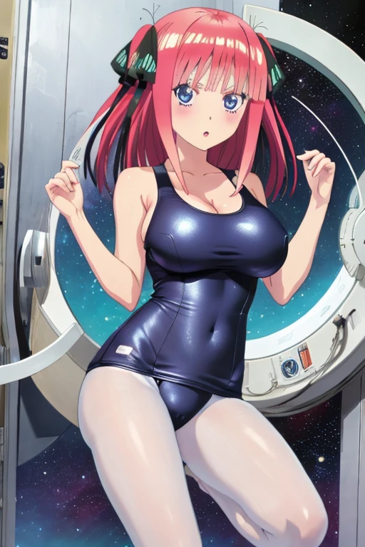 best quality, ultra-detailed masterpiece, anime art style, cute characters, nino nakano, one-piece swimsuit, large breasts, pantyhose, space station