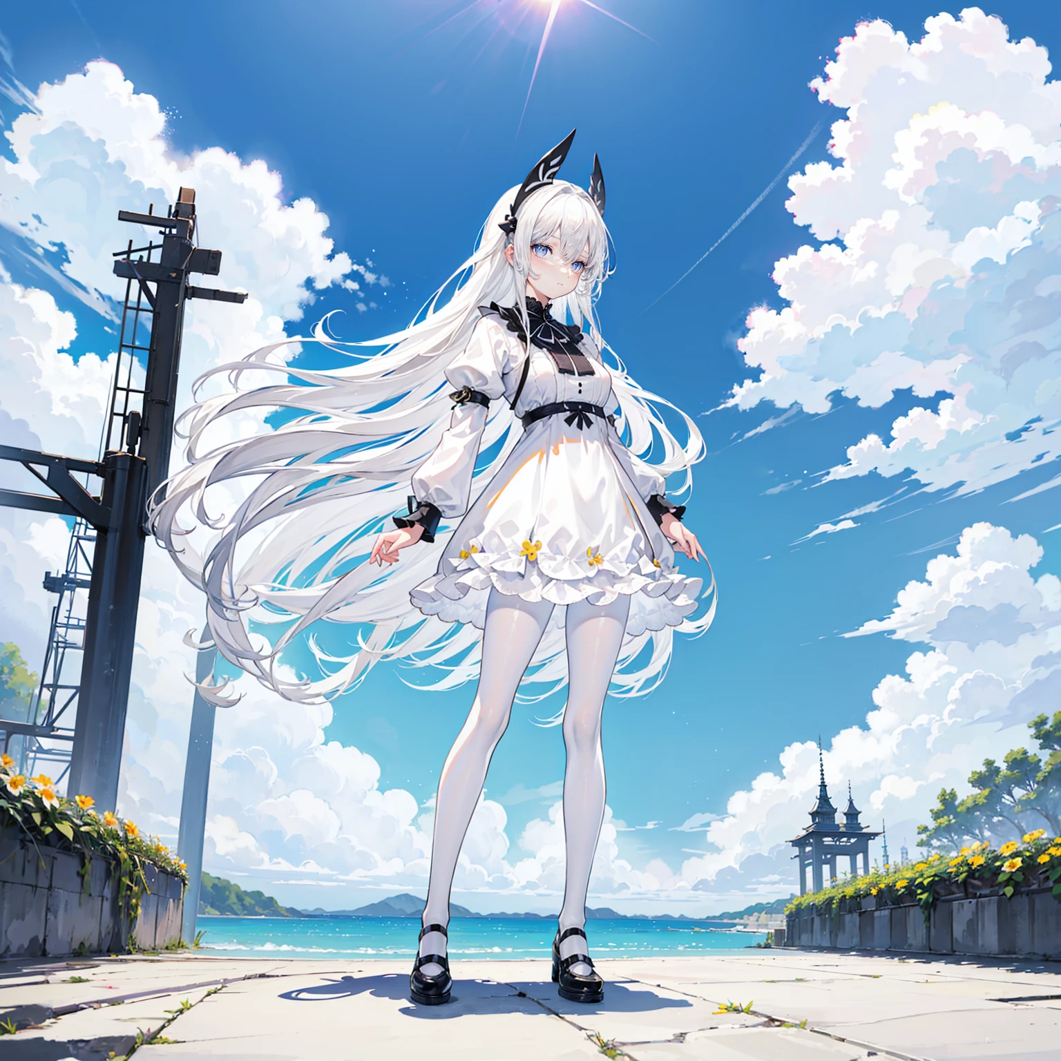 white hair,long hair,Bangs,Bangs整齐,Black headband,gray eyes,girl,cute,gorgeous dress,White silk pantyhose,black leather shoes,full-body shot,whole body,Standing on the ground seaside garden,many flowers,Background blue sky and white clouds