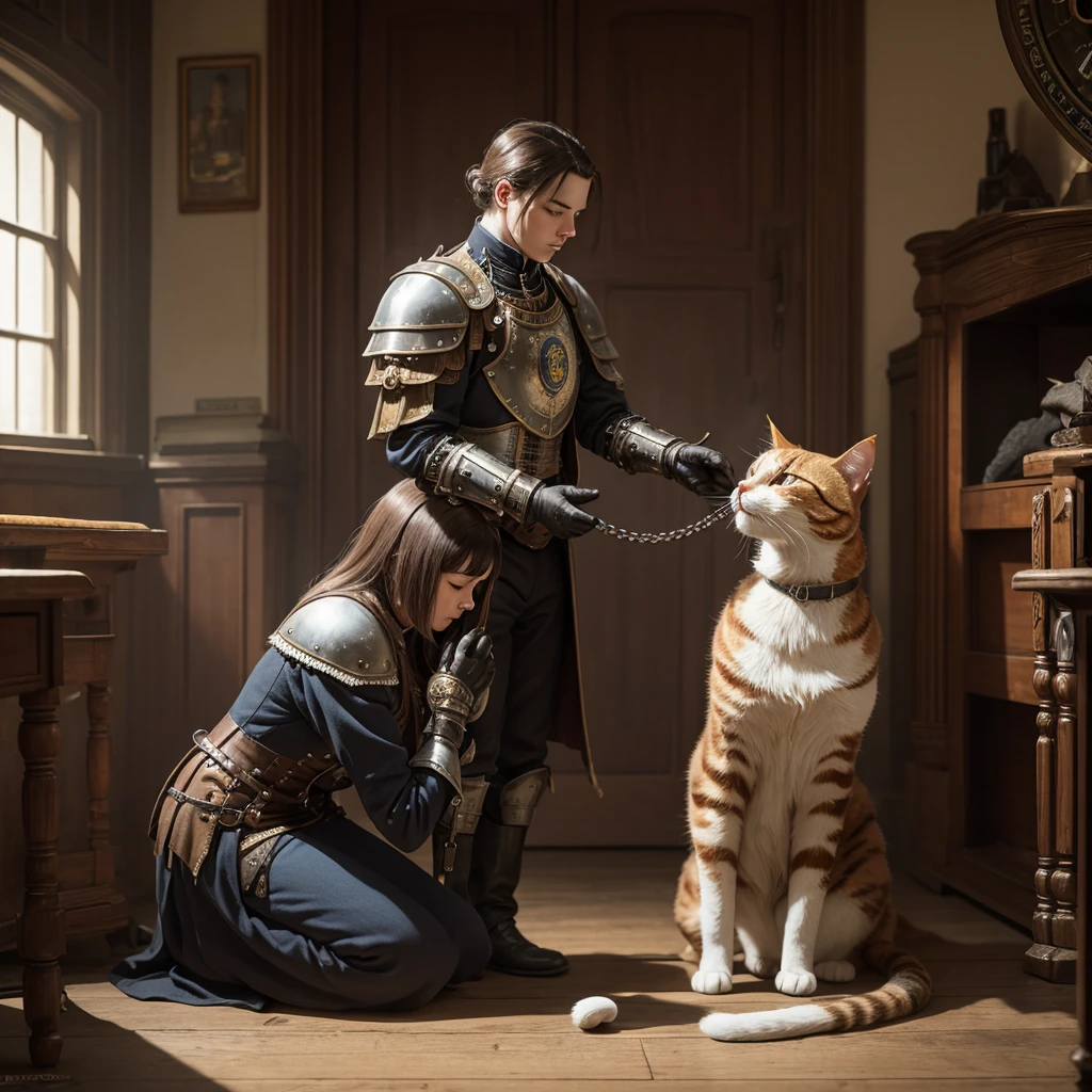 in victorian England, a steam punk Knight themed after a calico cat, kneels in respect