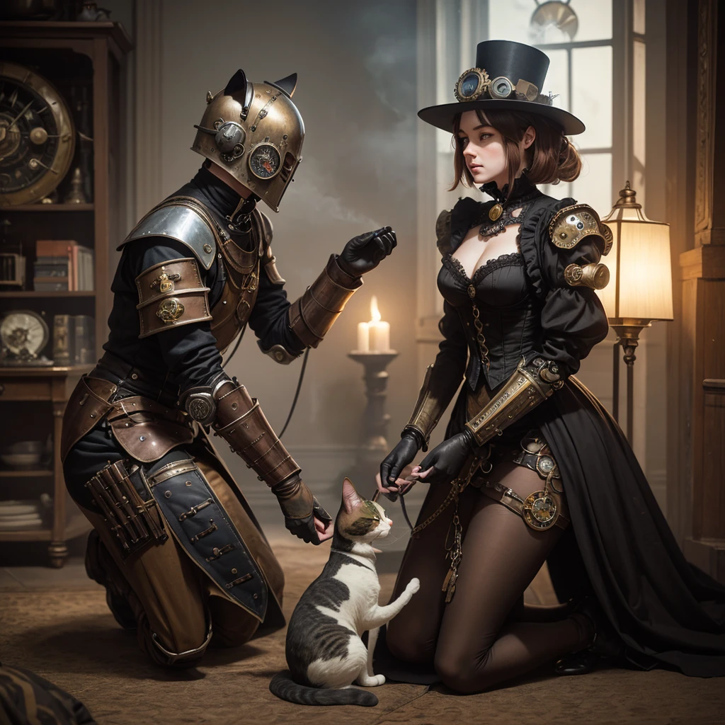 in victorian England, a steam punk Knight themed after a calico cat, kneels in respect