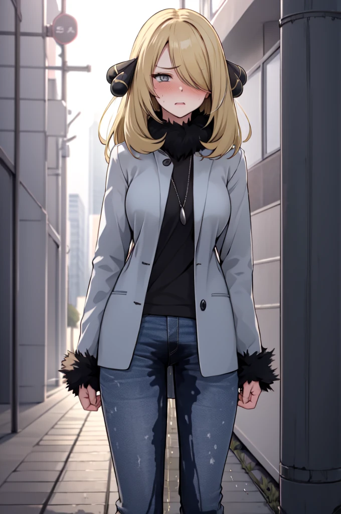 1girl,(solo:1.5),(solo focus:1.5),Cynthia,blonde hair,hair over one eye,hair ornament,very long hair,wavy hair,grey eyes,large breasts,desperation,standing,wetting self,peeing stain,fur collar,furr-trimmed coat,black pants,embarrassed,humiliated,futuristic,city,neon lights,(best quality,4k,8k,highres,masterpiece:1.2),ultra-detailed,vivid colors,sharp focus,long hair flowing in the wind,(colorful skyscrapers:1.5),reflection in the wet pavement,expressions of desperation and embarrassment captured perfectly,futuristic cityscape as the background,streets lined with towering buildings,intricate details in Cynthia's face and hair,subtle reflections in her grey eyes,subtle blush on her cheeks,revealing her embarrassment,intricate details depicting the large pee stain on Cynthia's pants