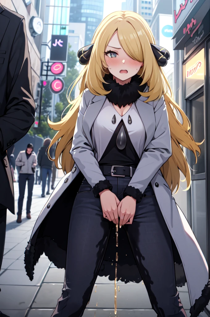 1girl,(solo:1.5),(solo focus:1.5),Cynthia,blonde hair,hair over one eye,hair ornament,very long hair,wavy hair,grey eyes,large breasts,desperation,standing,wetting self,peeing stain,fur collar,furr-trimmed coat,black pants,embarrassed,humiliated,futuristic,city,neon lights,(best quality,4k,8k,highres,masterpiece:1.2),ultra-detailed,vivid colors,sharp focus,long hair flowing in the wind,(colorful skyscrapers:1.5),reflection in the wet pavement,expressions of desperation and embarrassment captured perfectly,futuristic cityscape as the background,streets lined with towering buildings,intricate details in Cynthia's face and hair,subtle reflections in her grey eyes,subtle blush on her cheeks,revealing her embarrassment,intricate details depicting the large pee stain on Cynthia's pants