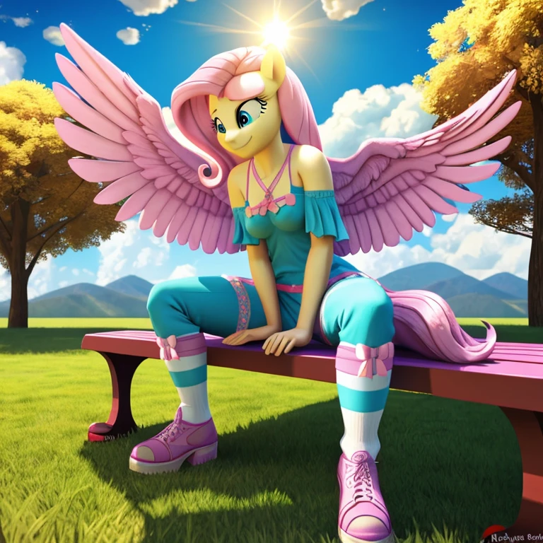 fluttershy, my little pony, human body, 2 hands, 2 legs, female, long fur, pink hair, pink tail, colorful socks, spread wings, fluffy feathers, smiling, tying a bow on her shoe sitting on the bench, sunny day, clouds, hyper-detail, 3d illustration, high contrast, masterpiece, hyper-realism, best quality, fantasy art, magnificent, celestial, epic, majestic, magical, nsfw
