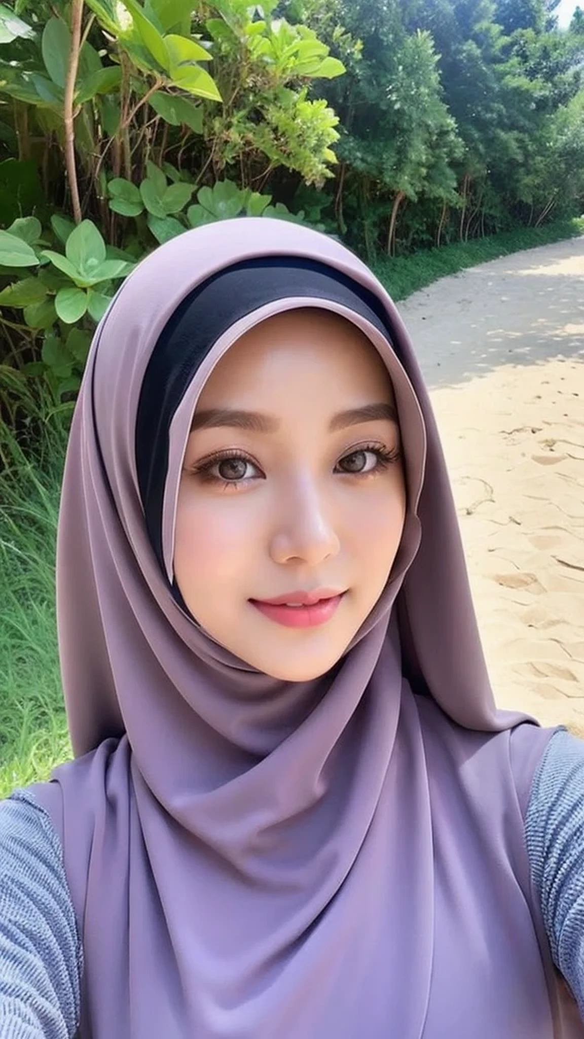 Realistic, ultra sharp, Beautuful Women、hijab, indonesian, beach、selfee、The face is cute、Vanrak Ayyans appears、1 girl, stylish