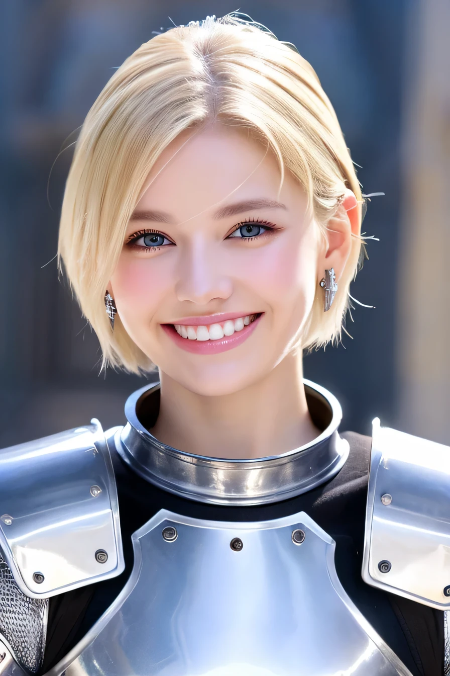 8K、highest quality、female knight、The background is a castle、Luxurious Silver Armor、heavy equipment、hairstyle short cut、smile、beautiful teeth、full body photo、ear piercing、white woman、blonde、blue eyes、Gummy Smile、