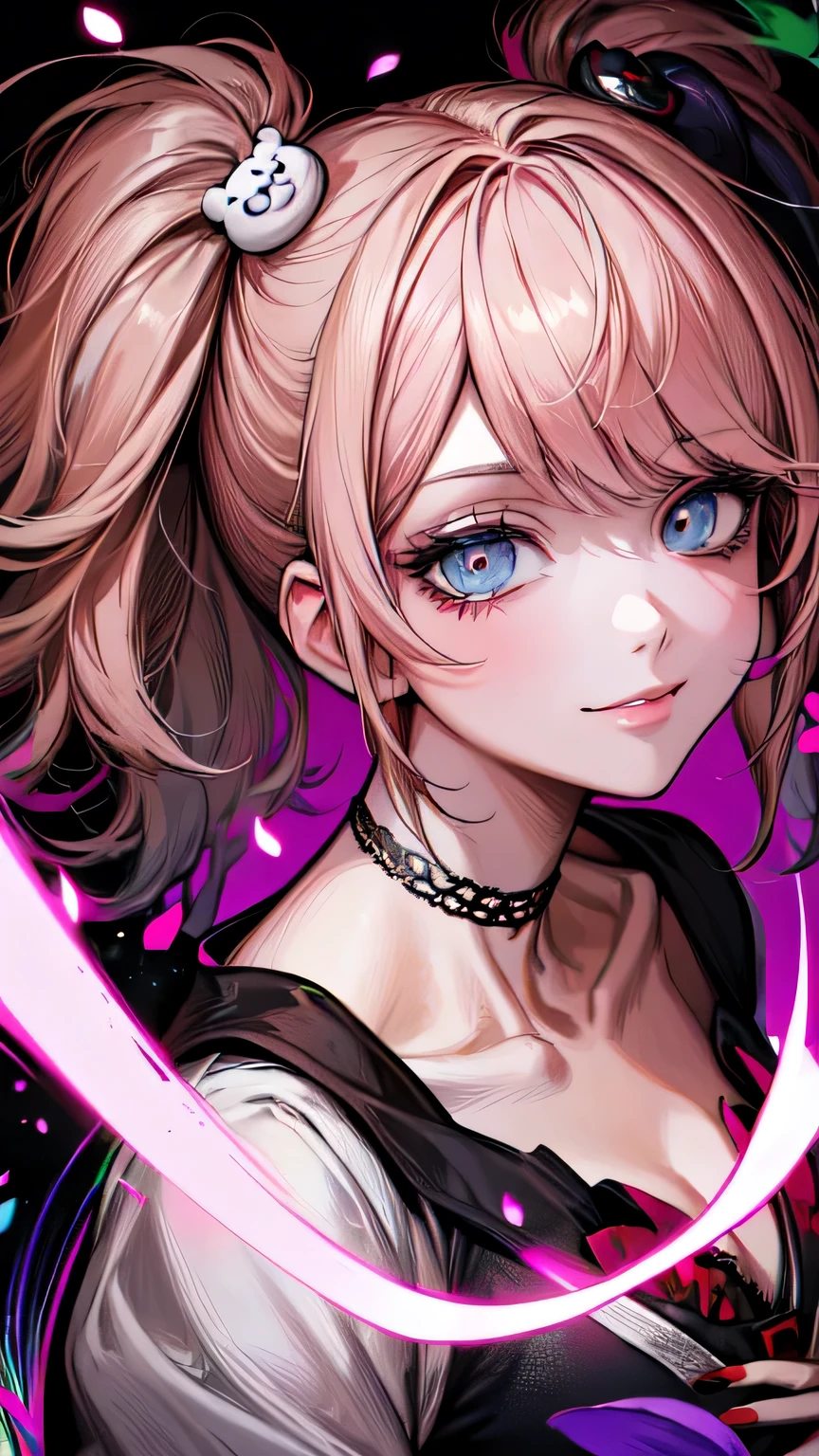 [nsfw:1.5], Junko Enoshima, (absurdres:1.5), (anatomically correct), (Oskar Kokoschka style:1.4), (abstract expressionism art:1.4), (photo once in 1000 years), (masterpiece), (highest quality), (super detailed), (floating), (detailed light), (portrait:1.5), long blonde twin tails, one girl, alone, (ultimate detailed and beautiful blue spiral eyes:1.5), (catchlight:1.5),deep cleavage, clavicle, mega breasts, bangs, smile, (looking at viewer:1.5), (high angle:1.5), bear hair ornament, nail polish, red nails, red bow, black shirt, underwear, choker, black bra, rolled up sleeves, white tie, red plaid pleated skirt, shiny, shiny hair, (pink rouge), (lots of sychedelic petals through the air:1.5), shiny skins
