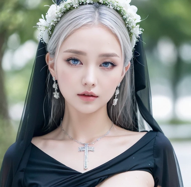 1 miniature Beautiful beautiful woman - Yuan Sayuki, ((top quality, 8K, Masterpiece:1.retty woman, 1 woman, huge breasts:1.3, a slim body:1.1, lush white short hair, (shower, wet body, wet clothes:1.1), very detailed face, detailed lips, detailed eyes, double eyelids, Detailed blue eyes, чрезвычайно Detailed Outstanding Blue Eyes, short white wet hair, white wet hair, Detailed Outstanding Blue Eyes, innocent look at the viewer, very wet wavy white hair, Detailed Outstanding Blue Eyes, huge cross earrings, Outdoors, badges behind, gothic wedding uniform, sexy gothic style wedding dress with veil, bare chest, huge chest tattoo wearing a wreath, detailed huge earrings, chest tattoo, Outside - there are trees and a buddhist temple in the background, wear a silver cross (Detailed cross shape), reality mode, wet breasts, black necklace, black wedding dress and black veil, human crowd behind, head/forehead chain veil, black latex gloves, naked breasts, naked breasrs, naked nipples, hair of white snowy colour