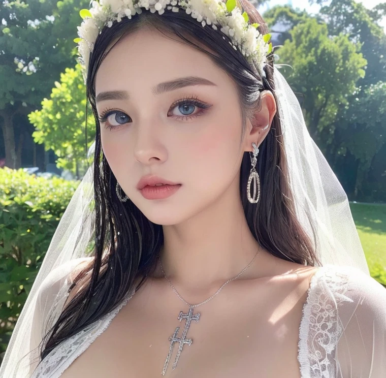 1 miniature Beautiful beautiful woman - Yuan Sayuki, ((top quality, 8K, Masterpiece:1.retty woman, 1 woman, huge breasts:1.3, a slim body:1.1, lush white short hair, (shower, wet body, wet clothes:1.1), very detailed face, detailed lips, detailed eyes, double eyelids, Detailed blue eyes, чрезвычайно Detailed Outstanding Blue Eyes, short white wet hair, white wet hair, Detailed Outstanding Blue Eyes, innocent look at the viewer, very wet wavy white hair, Detailed Outstanding Blue Eyes, huge cross earrings, Outdoors, badges behind, gothic wedding uniform, sexy gothic style wedding dress with veil, bare chest, huge chest tattoo wearing a wreath, detailed huge earrings, chest tattoo, Outside - there are trees and a buddhist temple in the background, wear a silver cross (Detailed cross shape), reality mode, wet breasts, black necklace, black wedding dress and black veil, human crowd behind, head/forehead chain veil, black latex gloves, naked breasts, naked breasrs, naked nipples, hair of white snowy colour
