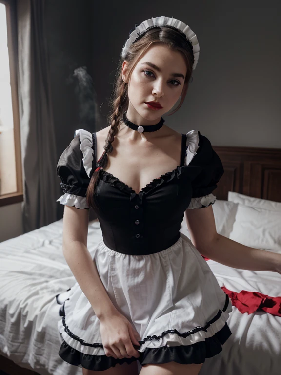Auburn crown braided hair, pale skin, red lipstick, black eyeliner, black eye smoke, bedroom, black and white frilly french maid uniform, maid bonnet, black satin choker, maid's sleeves