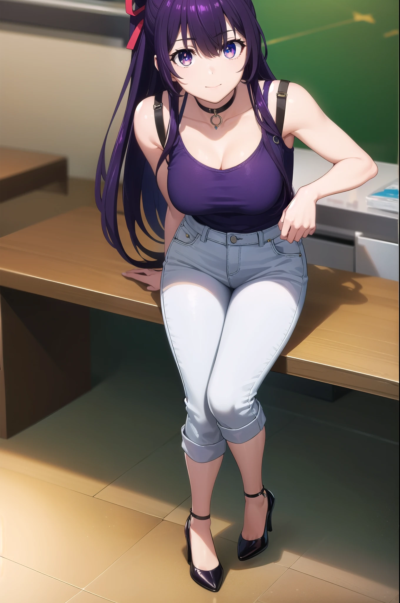 tohkayatogami, tohka yatogami casual, long hair, purple hair, alluringly smile , layering tank top, fabric chokers, ribbon , denim trousers, purse (purple eyes:1.1), hair ribbon, ponytail, purple hair, white ribbon, g cup breasts, bewitched thighs, slender waist, plump butt , high heels 
BREAK ,
BREAK indoors, office, alone, 
BREAK looking at viewer, elegant poses, sitting on desk, full body view, head to toe view, white high heel
BREAK (masterpiece:1.2), best quality, high resolution, unity 8k wallpaper, (illustration:0.8), (beautiful detailed eyes:1.6), extremely detailed face, perfect lighting, extremely detailed CG, (perfect hands, perfect anatomy),