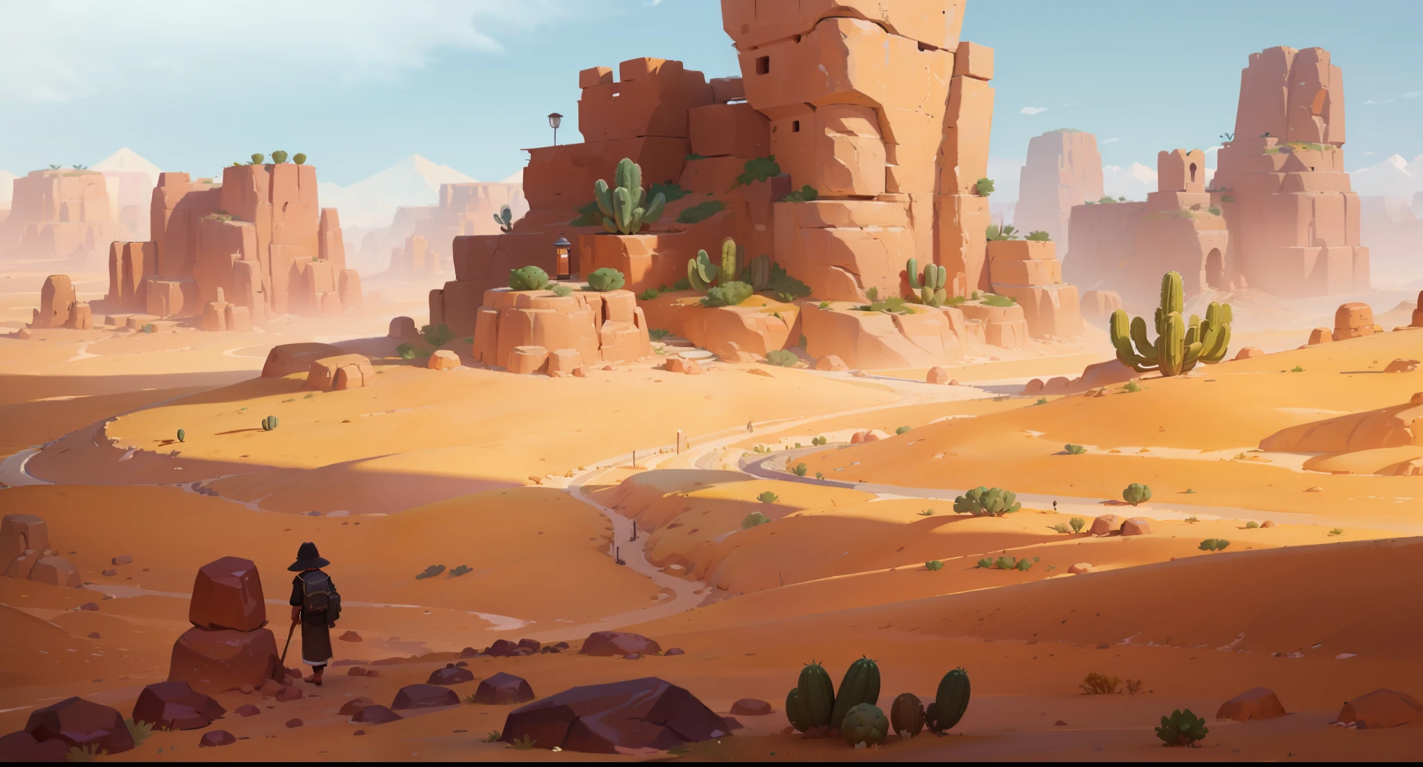 there is a desert scene with a cactus and rocks, background art, painted as a game concept art, stylized concept art, background artwork, desert environment, desert background, digital painting concept art, painterly concept art, sand and desert environment, concept art style, rocky desert, 2d concept art, desert wasteland, environment painting, scenery game concept art