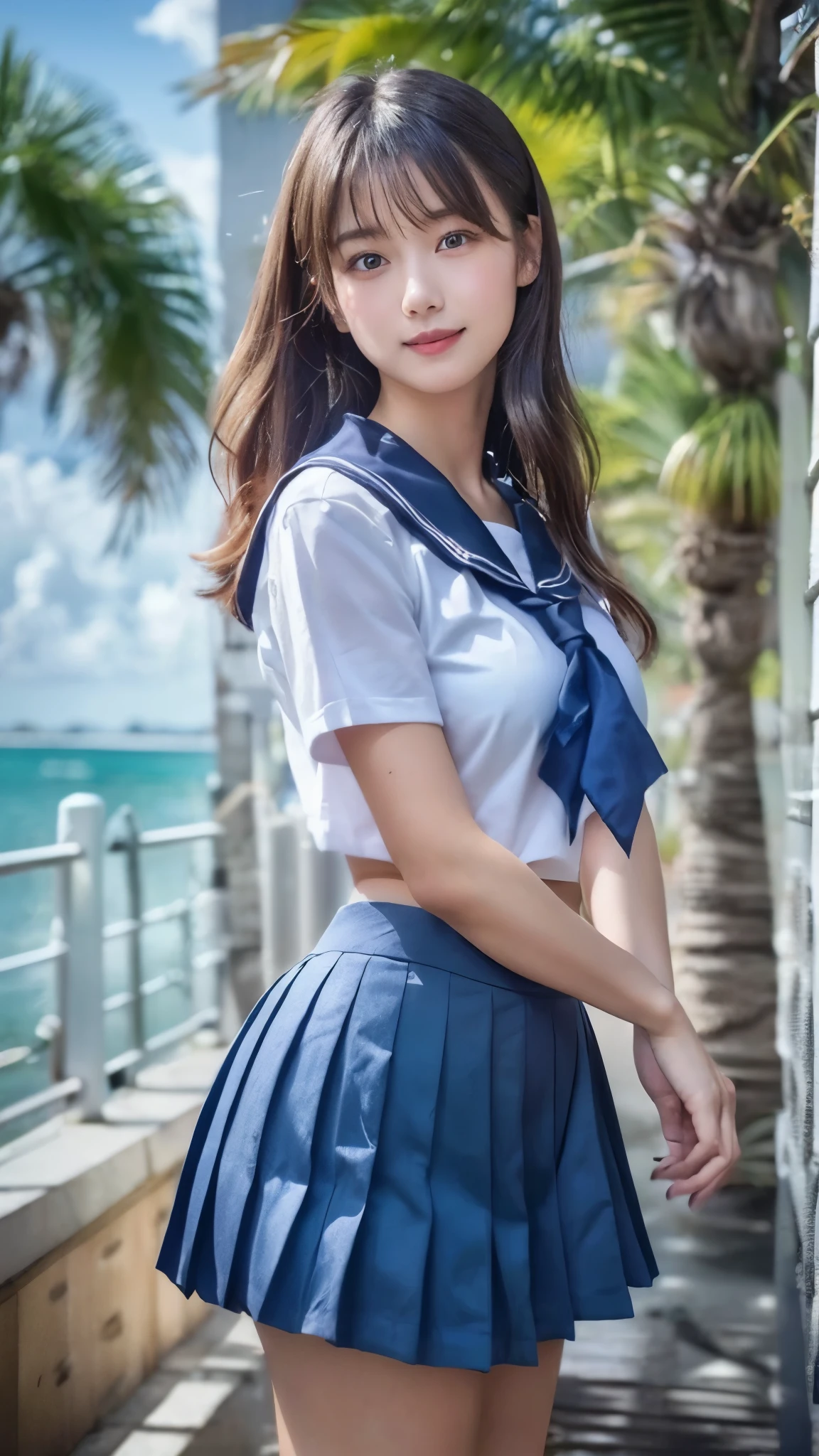 (best quality, 8k, 32k, masterpiece, UHD:1.2), (RAW photo), (realistic), (photorealistic:1.2), (high resolution), huge filesize, ultra-detailed, extremely beautiful face & eyes, 1girl, japanese ,14yo, 13yo, 12yo, round s face,y facein waist, beautiful bellarge breasts, slim proportions, perfect thin thighs, small butt, (darkblue pleated mini skirt, japanese sailor, sailor fuku, serafuku, japanese school sailor suit, sailor red neckerchief), nice hands, perfect hands, accurate hand depiction, sweaty, shy smile, pure white teeth, from below, (blue sky, summer, sun, beach, palm tree, outdoors),