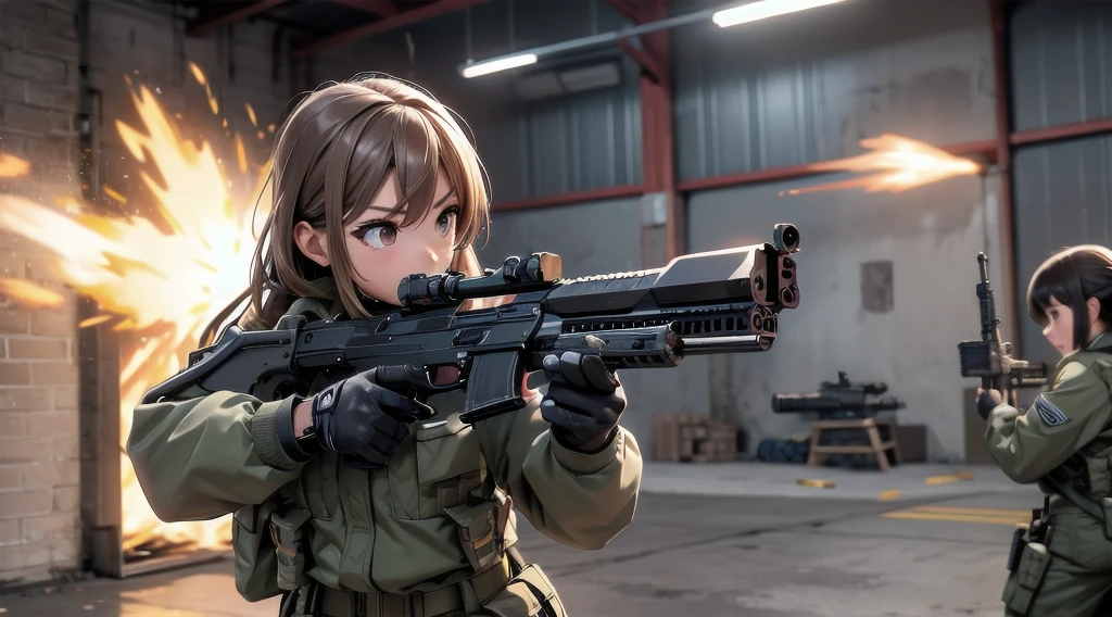 Fighting girl, aim, muzzle flash, assault rifle, At the warehouse, Dynamic entries, Cinematic action, high quality, Ultra-detailed