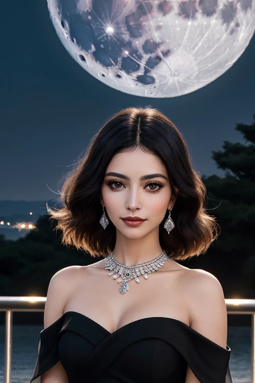 Uma mulher, com cabelos pretos grandes,black eyes and youthful appearance, wearing elegant black dress and jewelry and neutral countenance, the view is in front of the moon