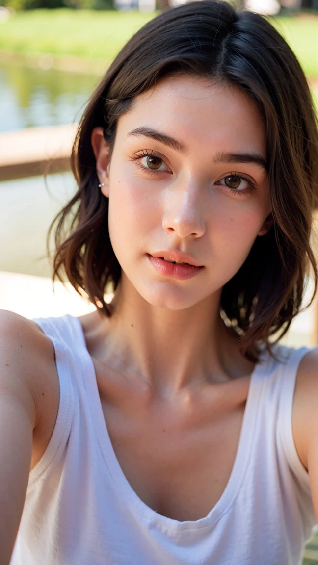 Realistic Photography, Beautiful Young Female ,Short hair ,river, extremely delicate and beautiful},Outstanding light and shadow, highly detailed wallpaper,Clear and bright sunlight, taking a selfie