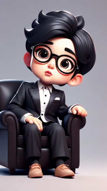masterpiece, A cute boy sitting on the boss chair, Glasses, black suit, black hair, chibi style, Perfect 3D animation , Perfect lips and simple