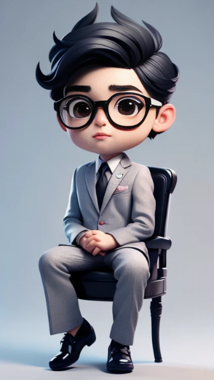 masterpiece, A cute boy sitting on the boss chair, Glasses, black suit, black hair, chibi style, Perfect 3D animation , Perfect lips and simple 