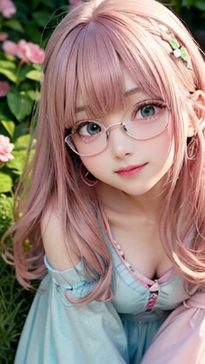 幼いgirl、small face、Super detailed,明るいcolor, very beautiful detailed anime face and eyes, look straight, shiny_skin,girl, (((虹colorの髪,, 半分は白colorの髪、half pink hair: 1.5))), 、shiny hair, delicate beautiful face, blush、Glasses、(turquoise eyes), , Valletta, earrings,、fashionable dress、flower garden、Sitting among flowers、Smiling at you、happy face、face dyed red、color々pose、Head to toe full body portrait、(I can see the whole body)