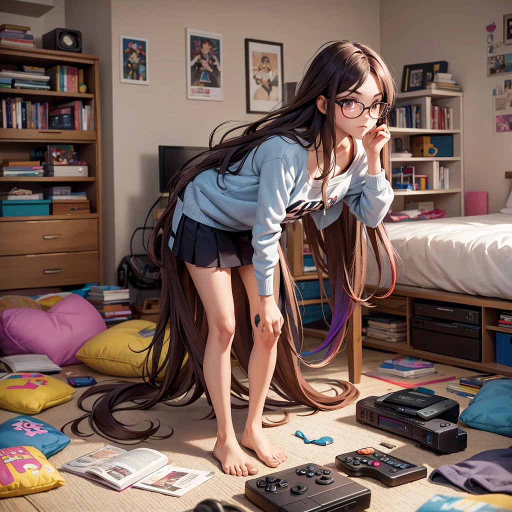 gradient hair,multicolored hair,very long hair,looking at the audience,Black-rimmed glasses,brown hair,medium breasts,Leaning forward,looking at the audience,alone,messy Room,unworn skirt,collar,Adjusting glasses,messy_Room,messy_sleeper,messy_hair,otaku Room,bedRoom,loading interior,tissue box,monitor,indoors,Cortez,poster,game console,fan,bookshelf, Clothes on the floor,able,collarbone,