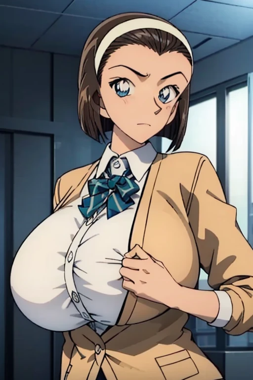 looking at camera、When I Look at You、lookatviewer、anime style、Eroge、1 girl,  (huge breasts:1.5), (school uniform、cardigan、white shirt、black pleated skirt)、Low - Angle、brown haired, hair band、bob hair、I can see the forehead、blush, sleeve,round chest、((whole body))